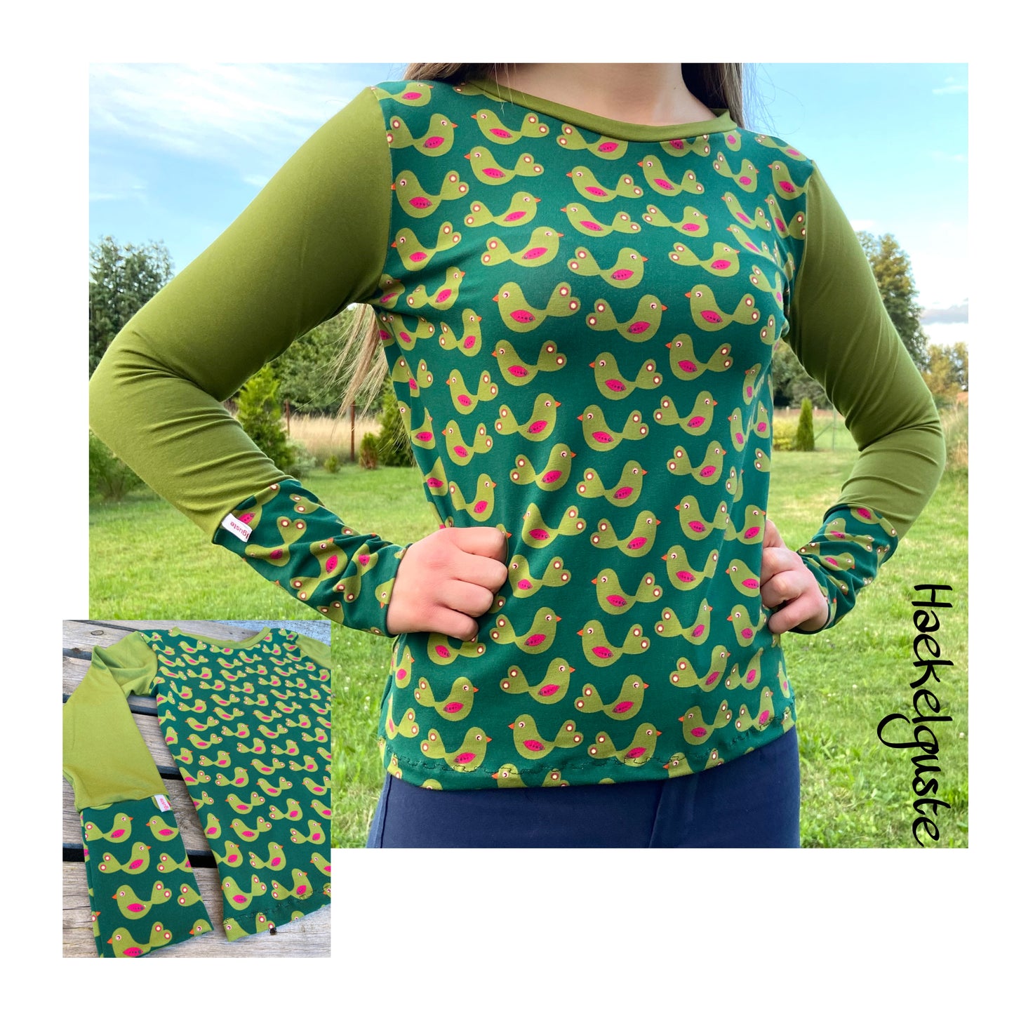 Langarmshirt Damen Vogel, Retro Shirt, grün , Bird