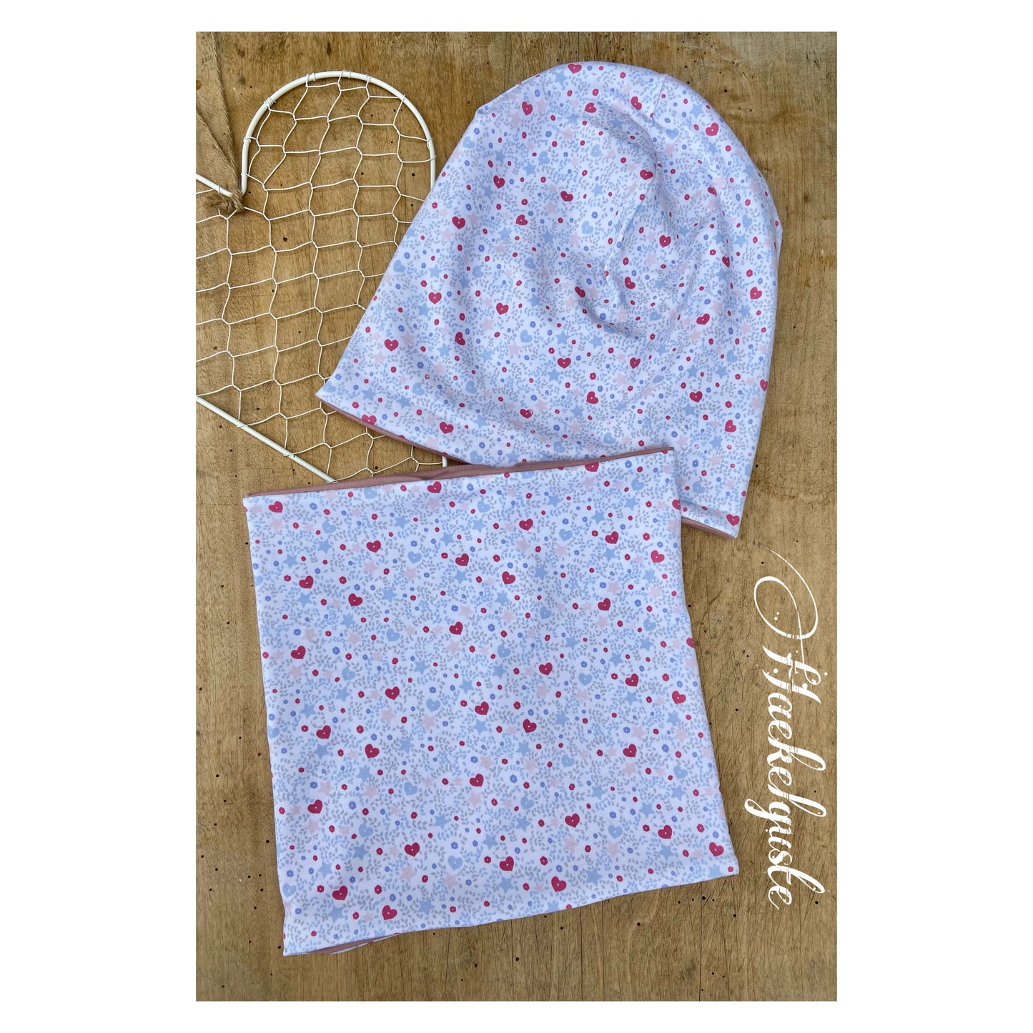 Beanie " Herzl " Loop Set Mütze Mädchen Übergang Herz Wendemütze Girl Weiß blau rosa gefüttert