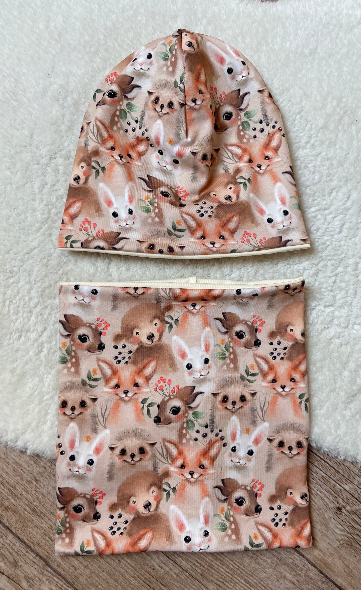 Mütze" Tiergesichter " Halssocke Kinder Beanie mit Bündchen Waldtiere Fuchs Reh beige Jersey Mädchen (Kopie)