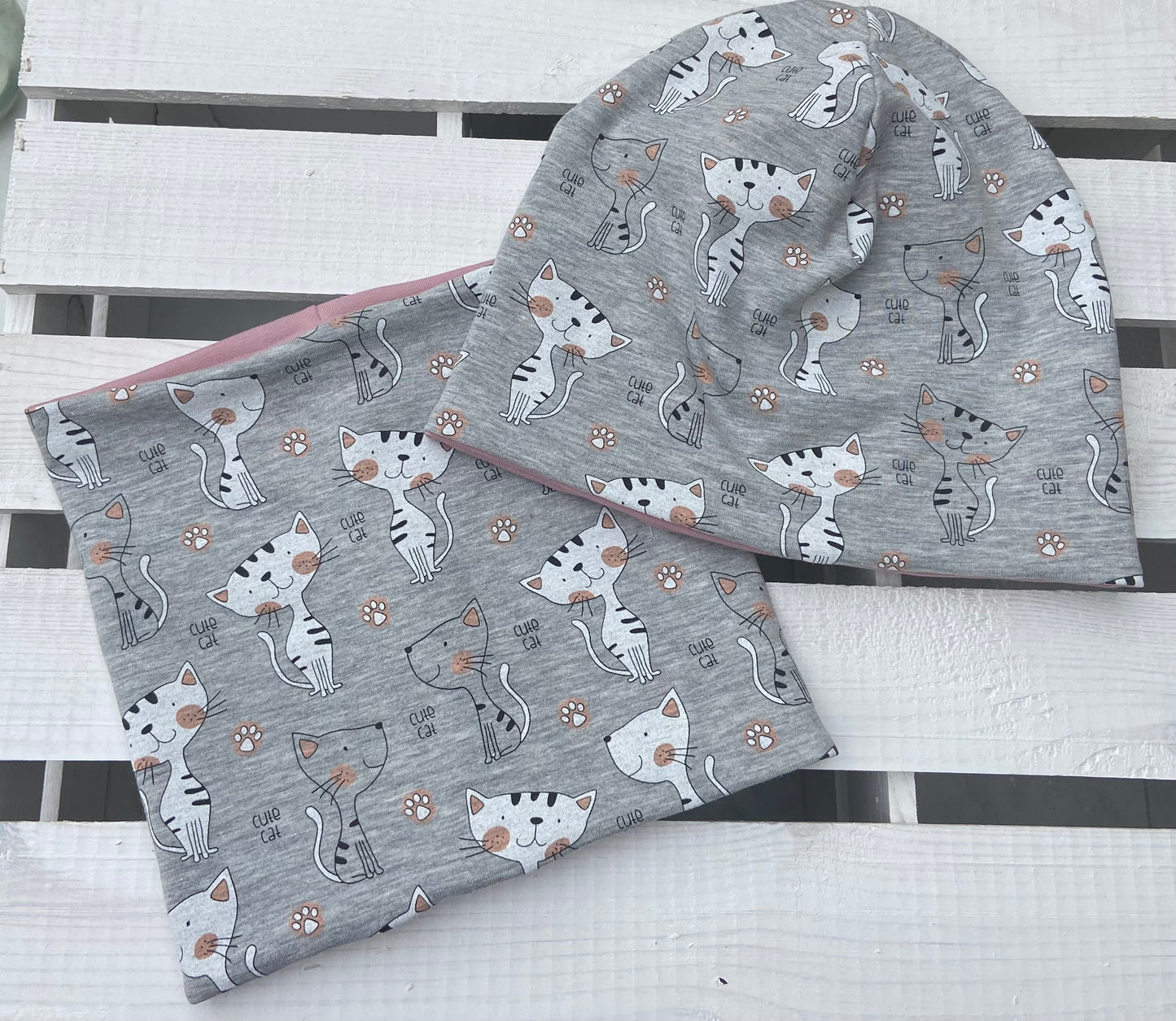 Katzen " Miau " Mütze oder Loop im Set Mädchen Übergang grau rosa