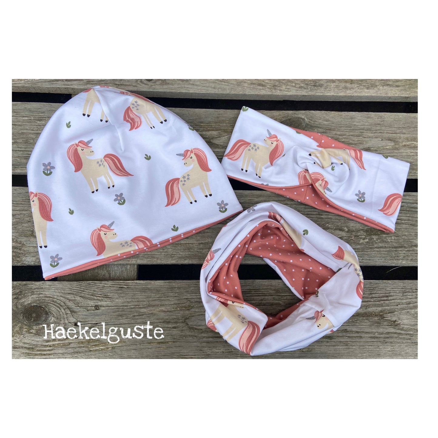 Einhorn Beanie + Loop , Stirnband, Pferd , Mädchen Mütze, Übergang gefüttert Knotenstirnband