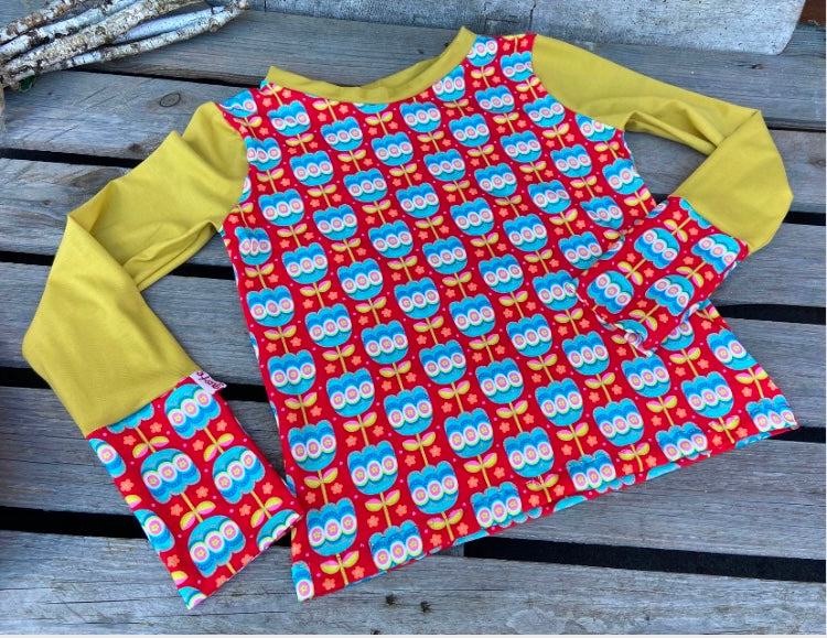 Langarmshirt Damen, Shirt retro Blumen rot, curry , senfgelb Haekelguste