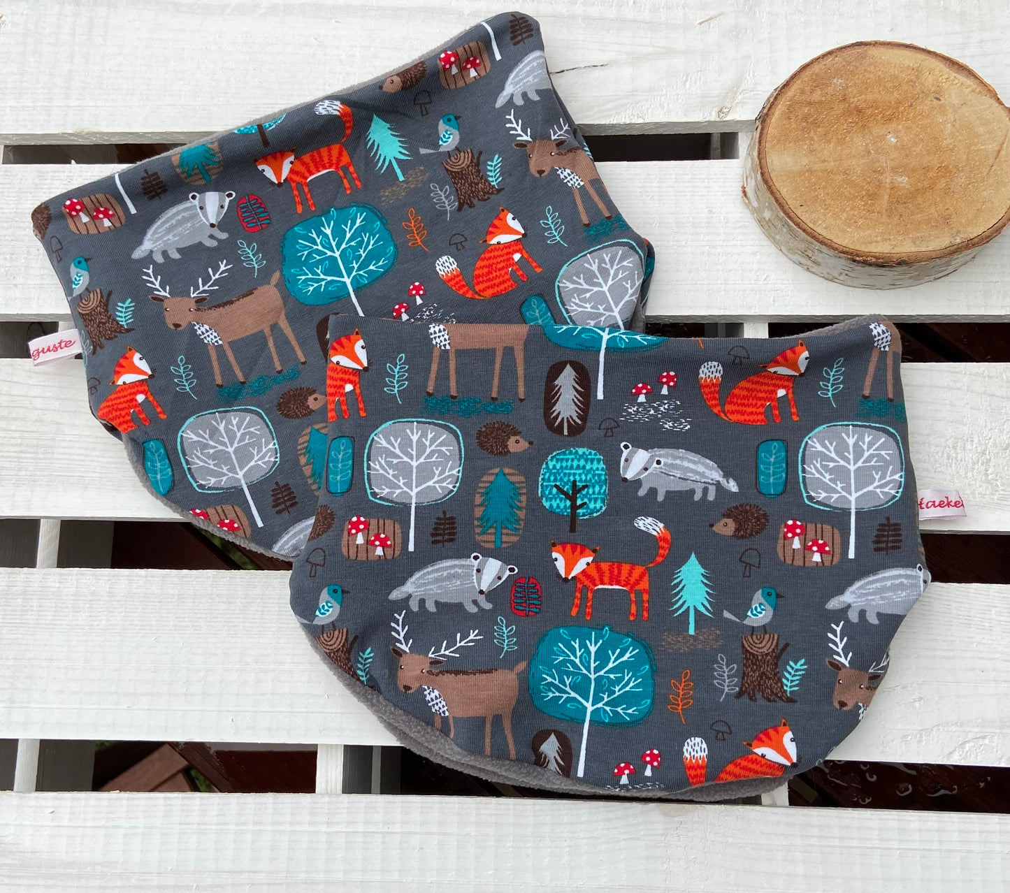 Fleece Halssocke " Waldtiere " Loop gefüttert Schlupfloop Fuchs Reh Kinder Schal Tuch grau
