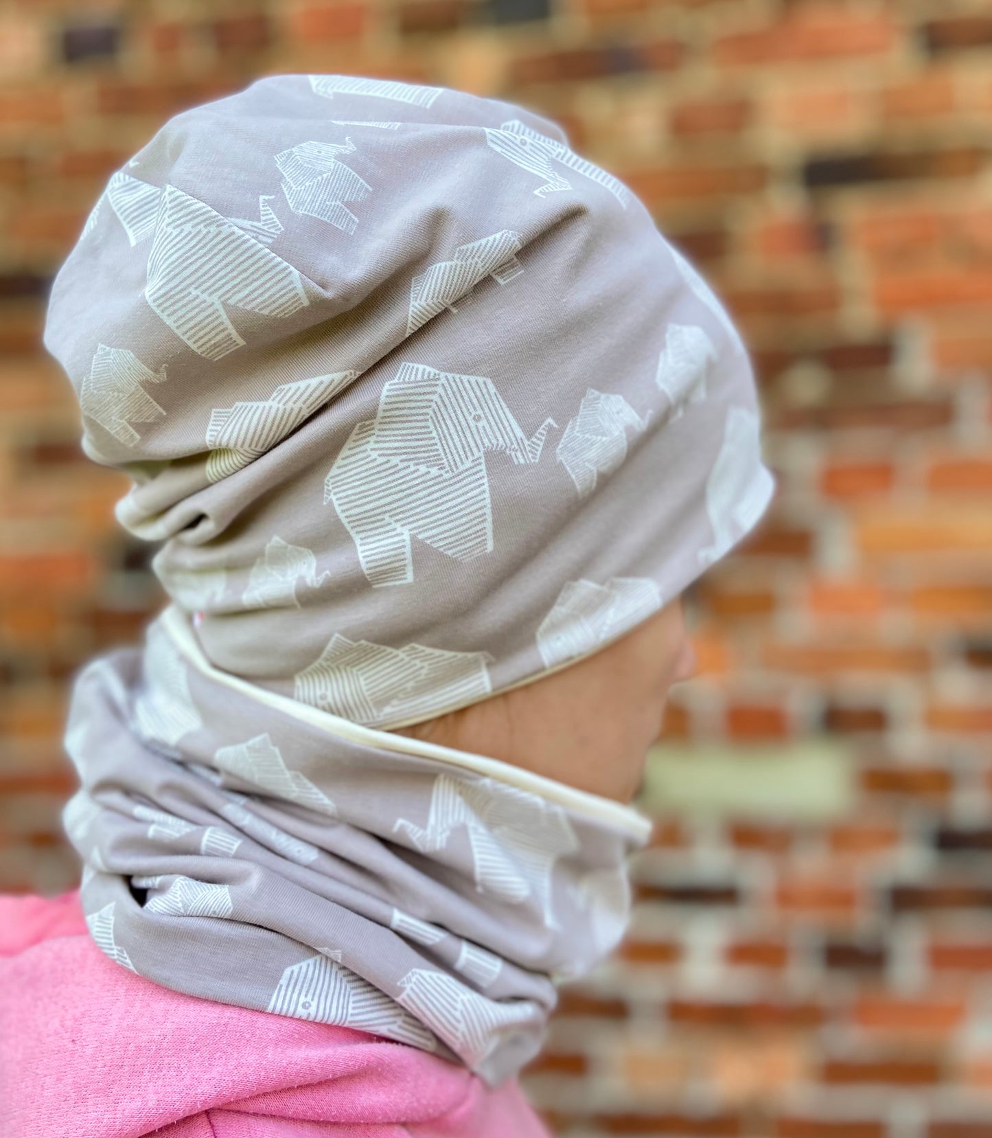 Bio Beanie + Loop Elefant creme beige unisex Übergang Set doppellagig