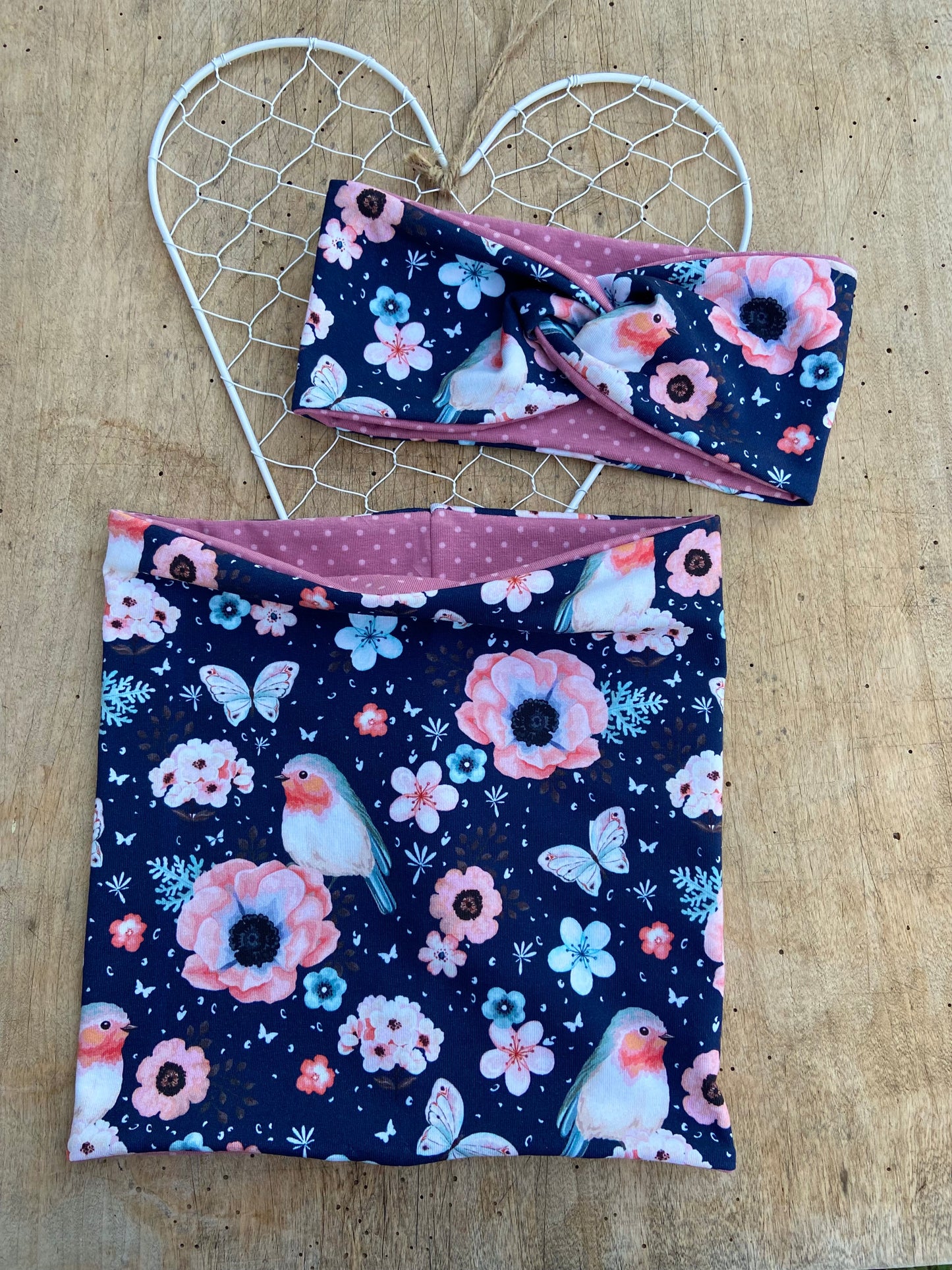 Set Stirnband + Loop Mädchen Knotenstirnband Loop Blumen Streifen blau rosa rose Twist Schlupfloop Frühling