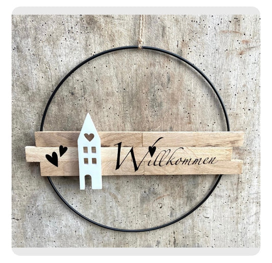 30 cm großer Türkranz Willkommen Haus Metallring Geschenk Hauseinweihung Freundin Türschild Holzschild Eingang neues Heim Zuhause Hochzeit