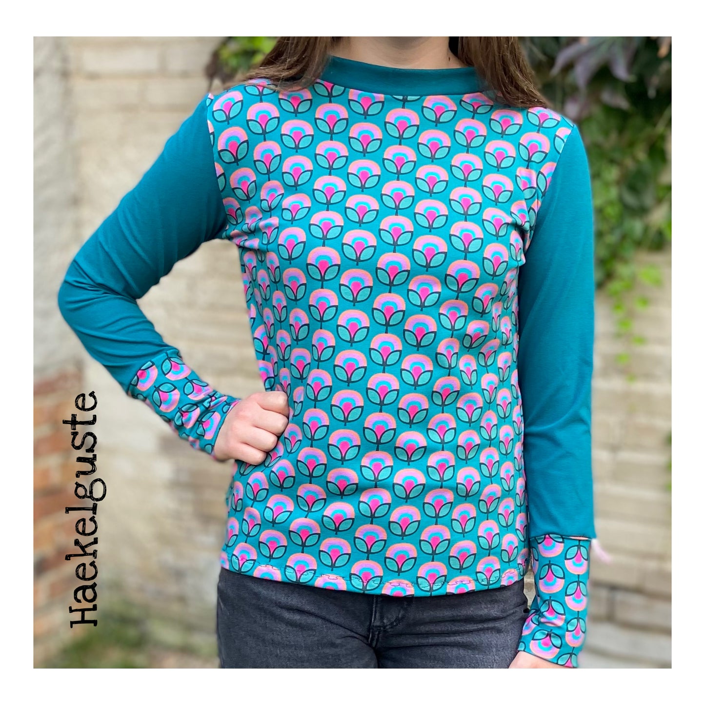 Langarmshirt Damen, Shirt retro Blumen, petrol, vintage Shirt türkis