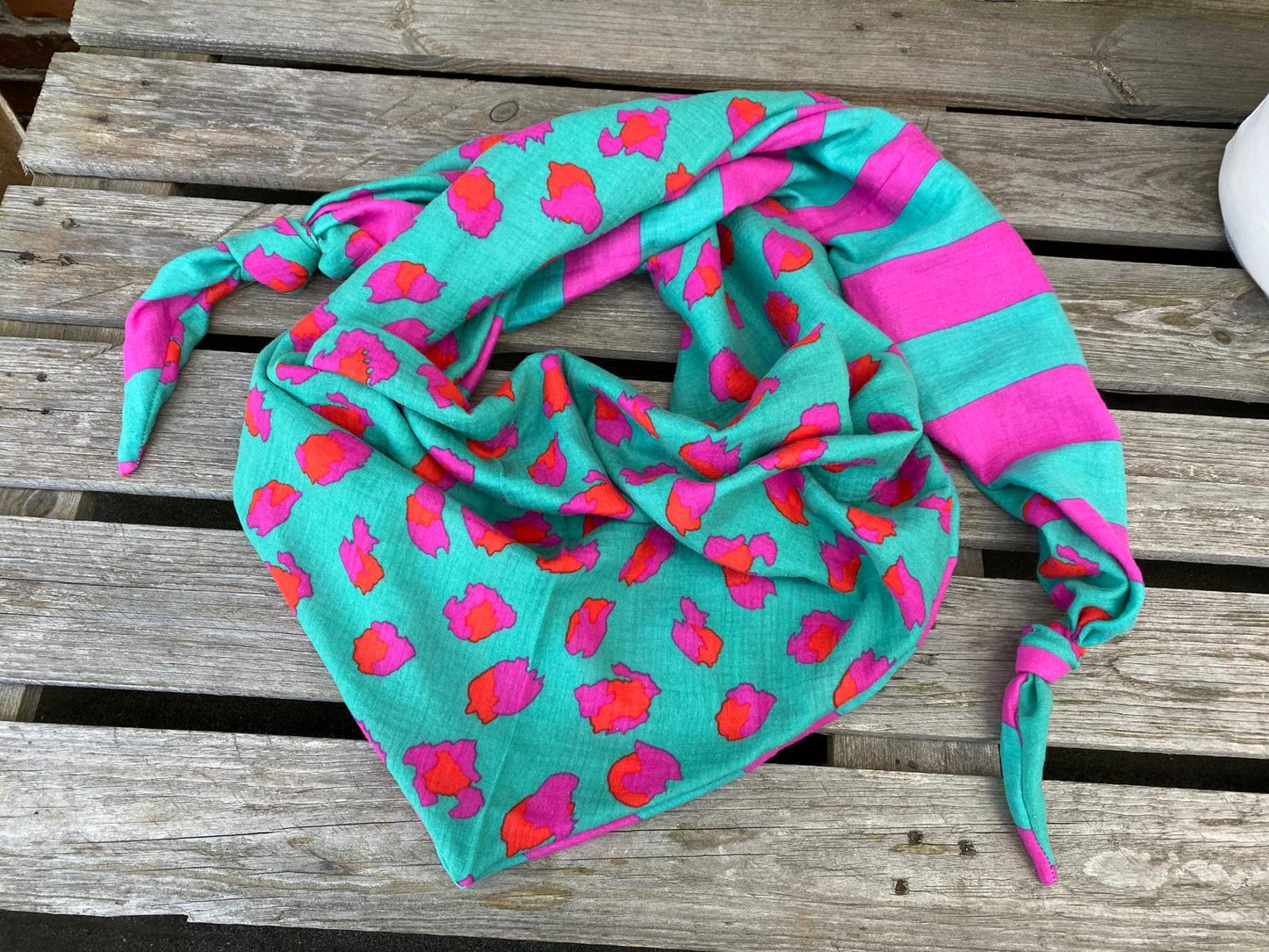 XXL Musselin Wende - Dreieckstuch pink grün großes Tuch Damen Blockstreifen Geschenk Geburtstag Mama