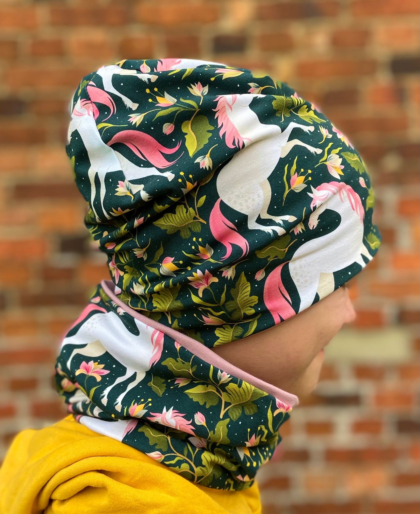 Einhorn Beanie+ Loop Pferd Mädchen Mütze Übergang gefüttert Stirnband Knoten