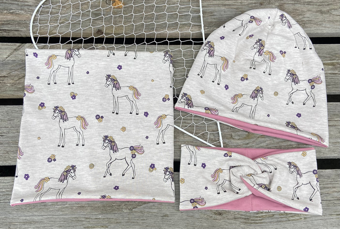 Pferd Beanie + Loop , Stirnband, Mädchen Mütze, Übergang gefüttert Knotenstirnband , Glitzer