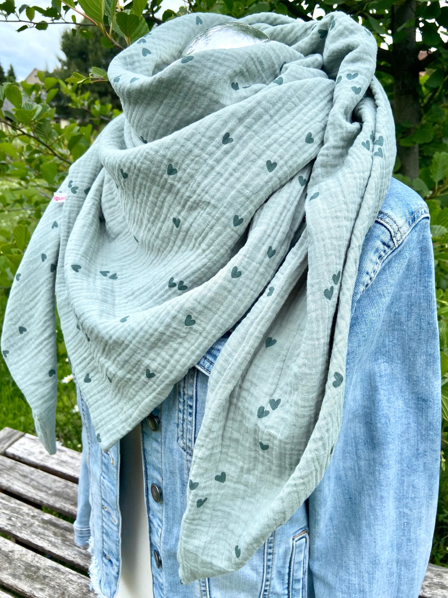 XXl Musselintuch großes Dreieckstuch, Damen Schal, mint, altgrün , Herzen , Musselintücher, Stilltuch , Strandlaken , minze , Altminze
