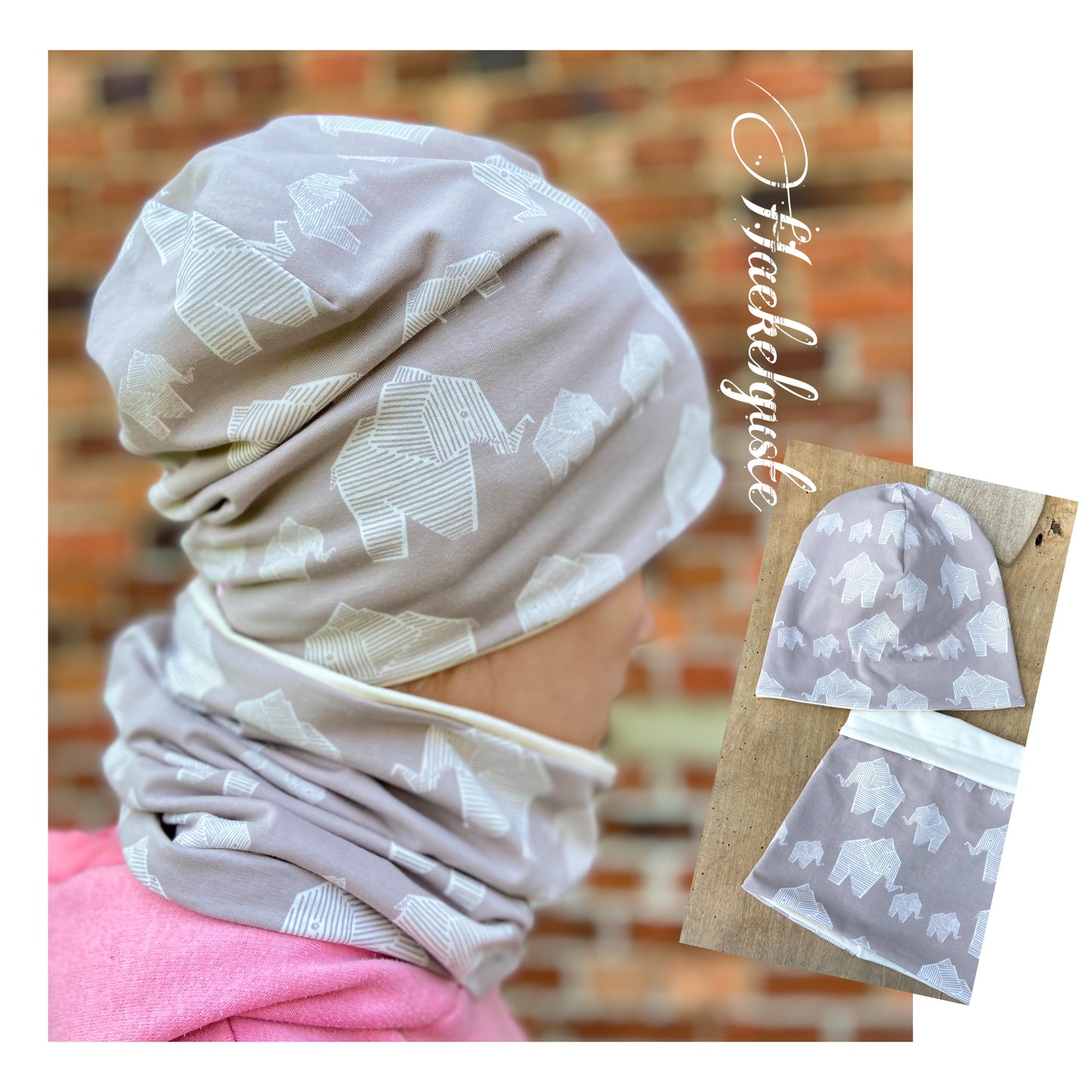 Bio Beanie + Loop Elefant creme beige unisex Übergang Set doppellagig