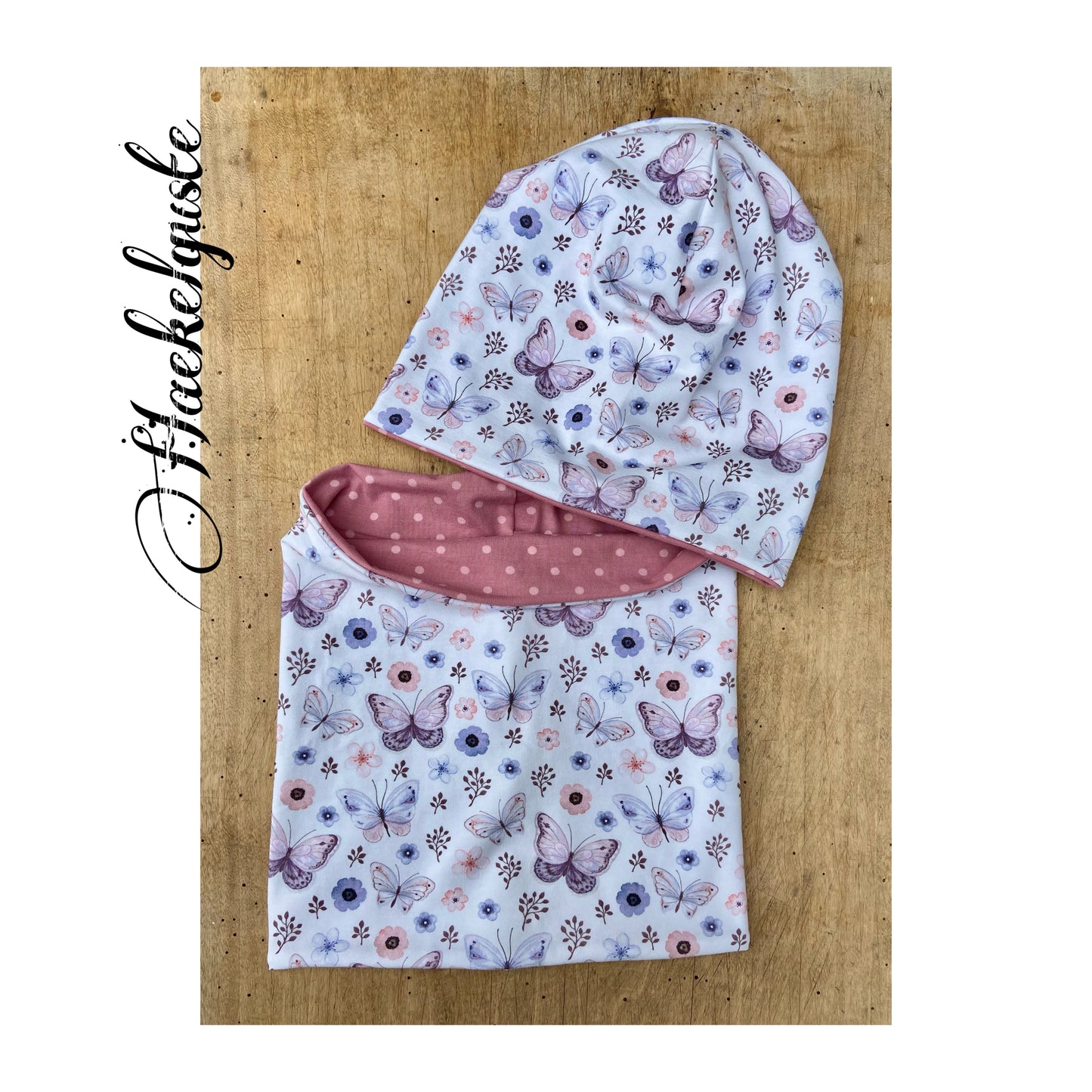Beanie Schmetterling + Loop Mädchen Beanie 2 lagig rosa weiß Blumen Übergang Geschenk Set Girl