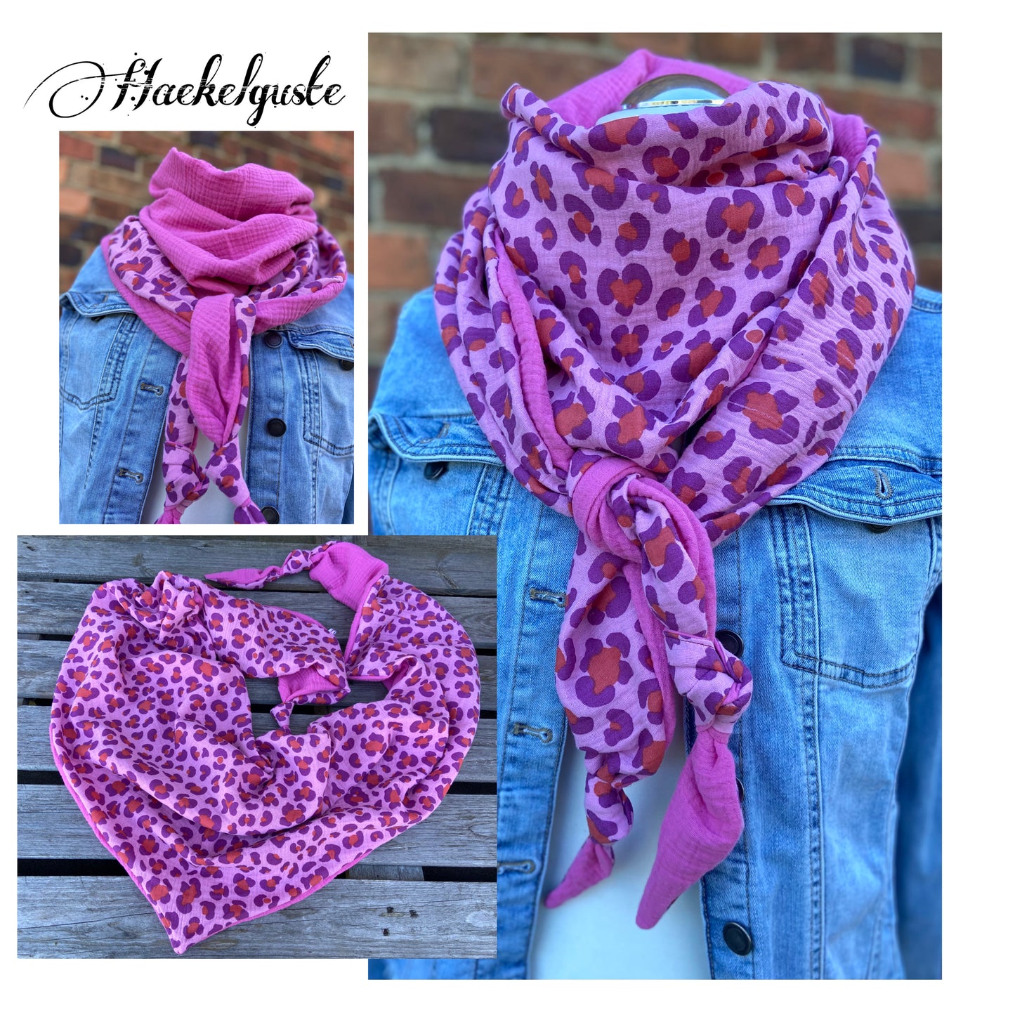 XXL Musselin Wende - Dreieckstuch Musselin leopardenprint pink neon rosa großes Tuch Damen Musselintuch Geschenk