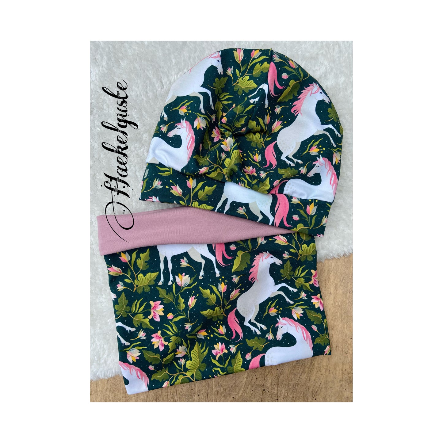 Einhorn Beanie+ Loop  Pferd Mädchen Mütze Übergang gefüttert Stirnband Knoten