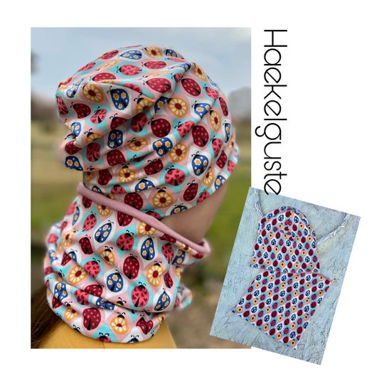 Beanie / Loop Set Mädchen, Mütze Käfer, 2 lagig Übergang, gefüttert Longbeanie Hängemütze
