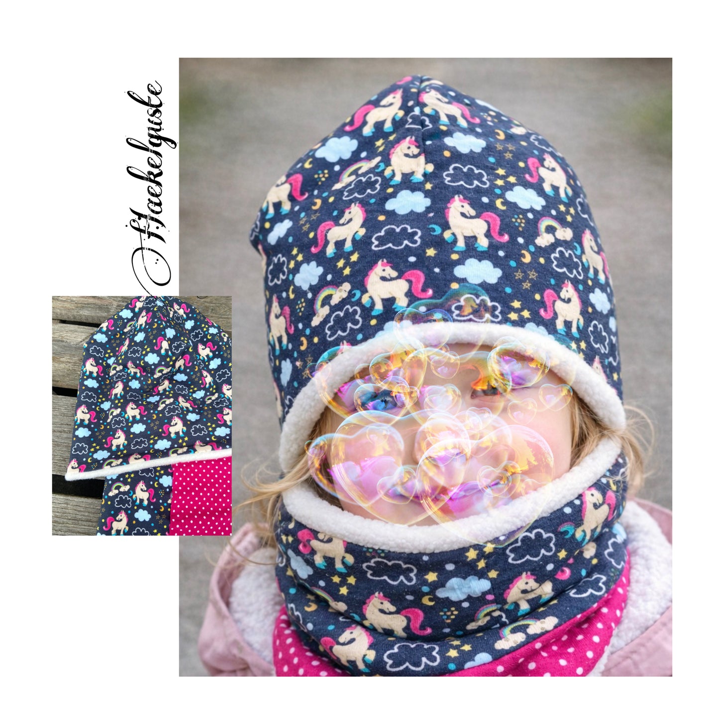 Einhorn Beanie+ Loop Wende Jersey o.  Fleece Pferd Mädchen Mütze Übergang gefüttert Stirnband Knoten