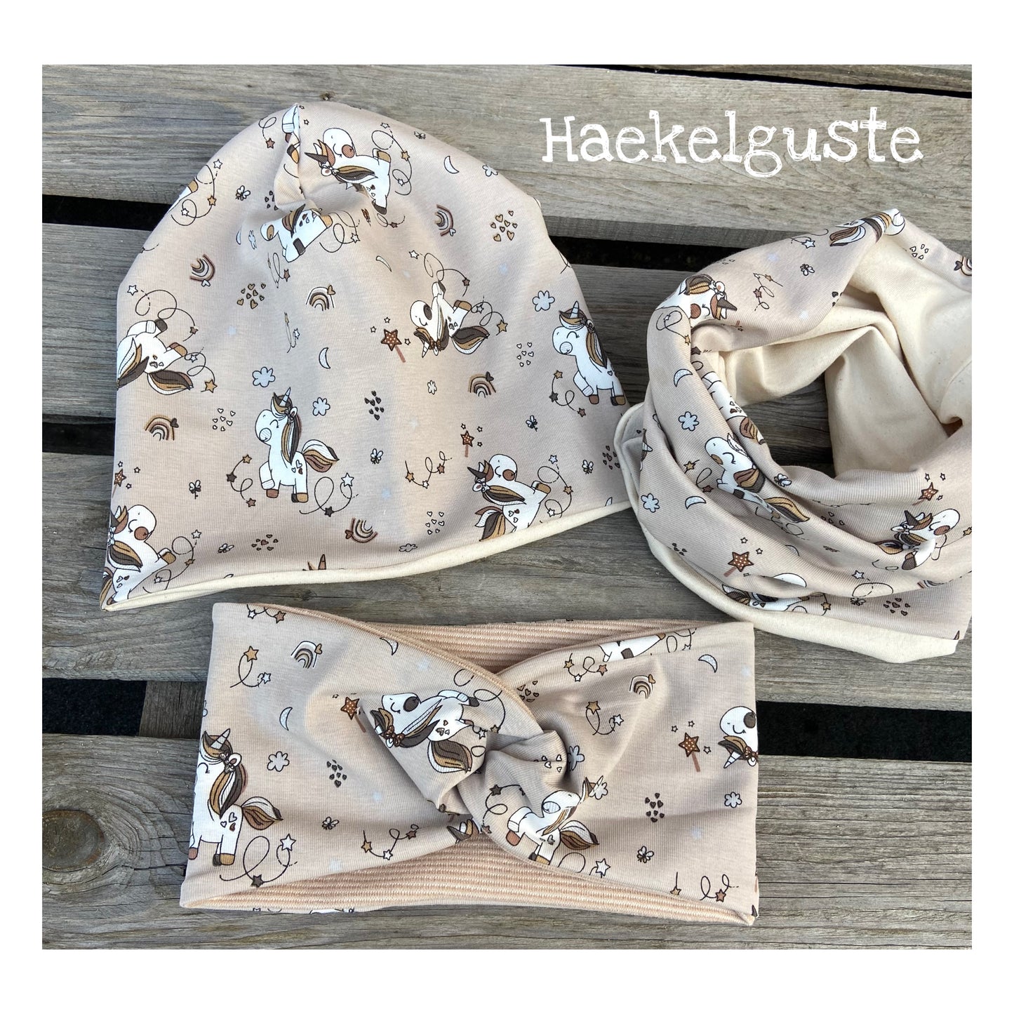 Set  Pferde Beanie+ Loop Mädchen Fleece Mütze beige creme Longbeanie gefüttert Übergang Schal Horse