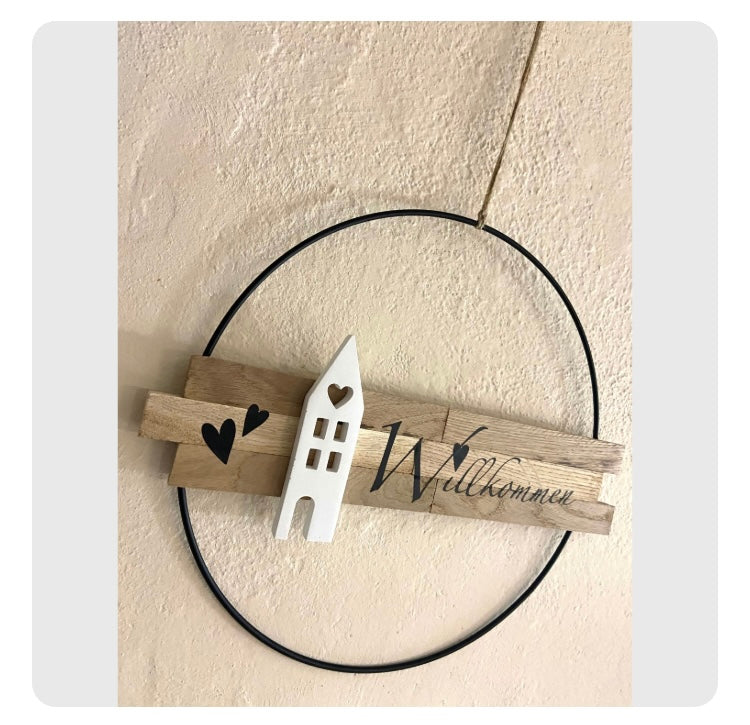 30 cm großer Türkranz Willkommen Haus Metallring Geschenk Hauseinweihung Freundin Türschild Holzschild Eingang  neues Heim Zuhause Hochzeit