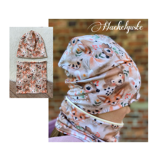 Mütze" Tiergesichter " Halssocke Kinder Beanie mit Bündchen Waldtiere Fuchs Reh beige Jersey Mädchen (Kopie)