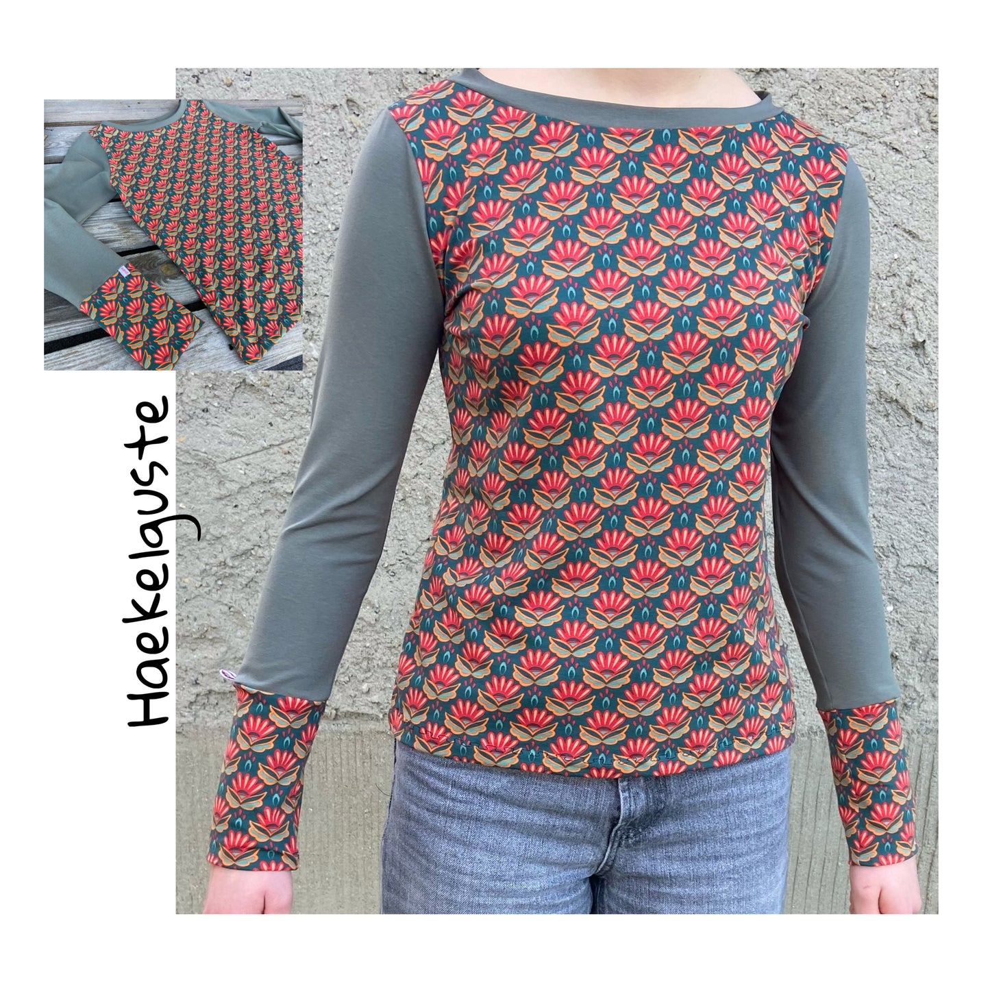 Langarmshirt Damen, Shirt retro Blumen, oliv , vintage Shirt khaki