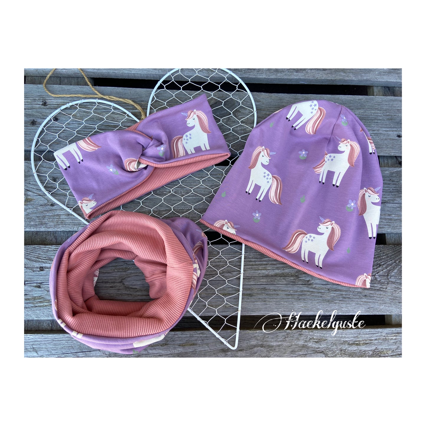 Einhorn Stirnband Beanie Loop Pferd Mädchen Mütze Übergang gefüttert Glitzer lila