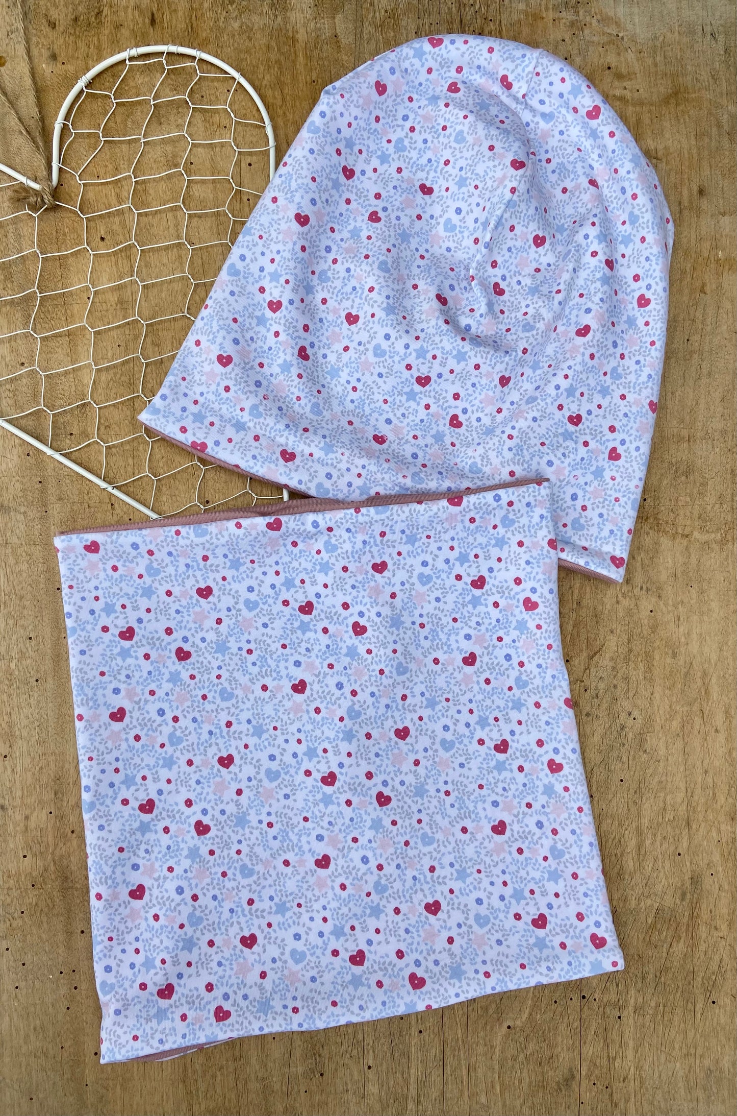 Beanie " Herzl " Loop Set Mütze Mädchen Übergang Herz Wendemütze Girl Weiß blau rosa gefüttert