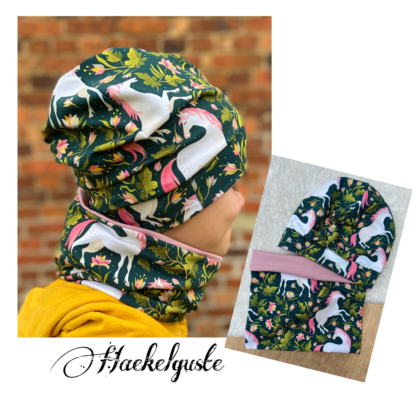 Einhorn Beanie+ Loop  Pferd Mädchen Mütze Übergang gefüttert Stirnband Knoten