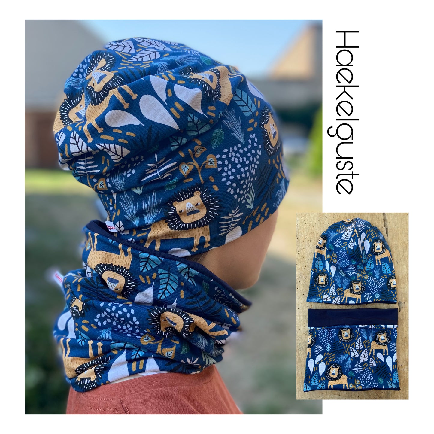 Beanie Set, Mütze Löwe, Loop, dunkelblau, Mütze Tiere,  Mütze Junge, Mütze gefüttert