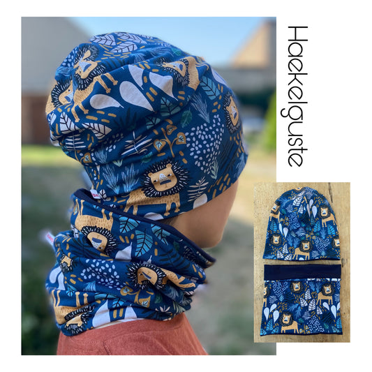 Beanie Set, Mütze Löwe, Loop, dunkelblau, Mütze Tiere,  Mütze Junge, Mütze gefüttert