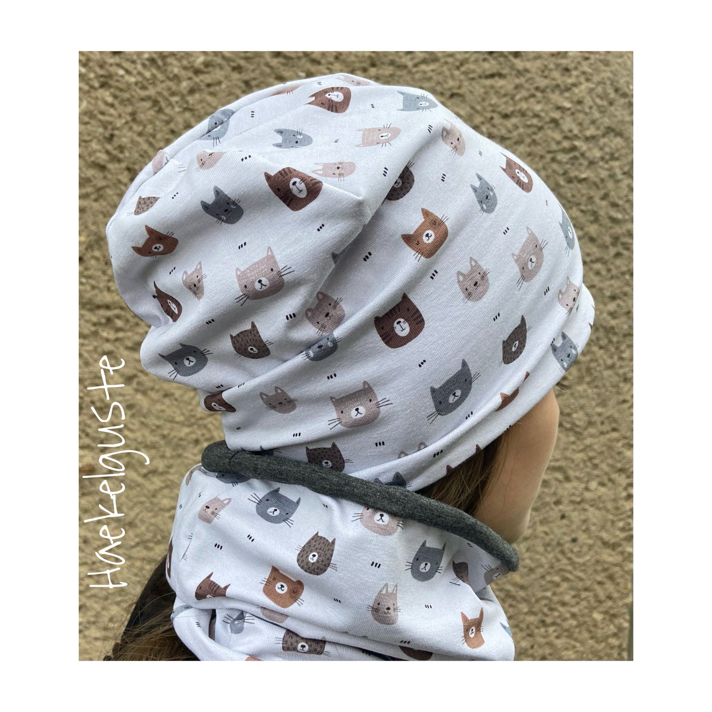 Beanie Set Katzen Mütze oder Loop im Set Mädchen Übergang grau rosa