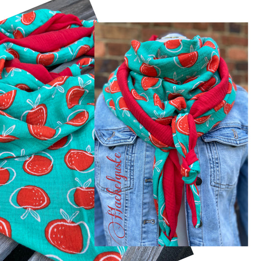 XXL Musselin Wende - Dreieckstuch / großes Tuch Damen / Geschenk Geburtstag Mama / minze Apfel rot grün / Muttertag