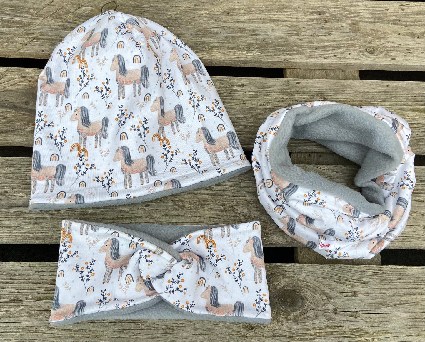 Hipster Pferde Set Beanie+ Loop Mädchen Mütze gefüttert Übergang Longbeanie weiß grau