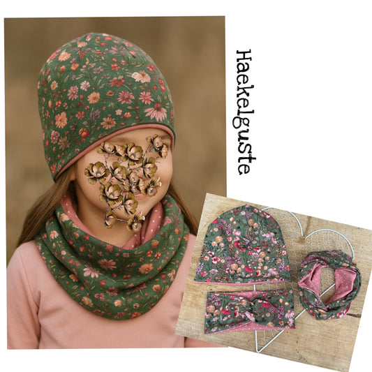 3 Tlg. Set Blümchen Beanie Mädchen Blumen Mütze Girl Übergang Set vintage Geschenk