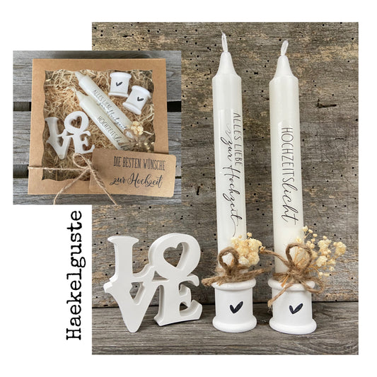 Geschenkset Hochzeit Kerze + Kerzenhalter Kerzenständer Geschenk Stabkerze Brautpaar