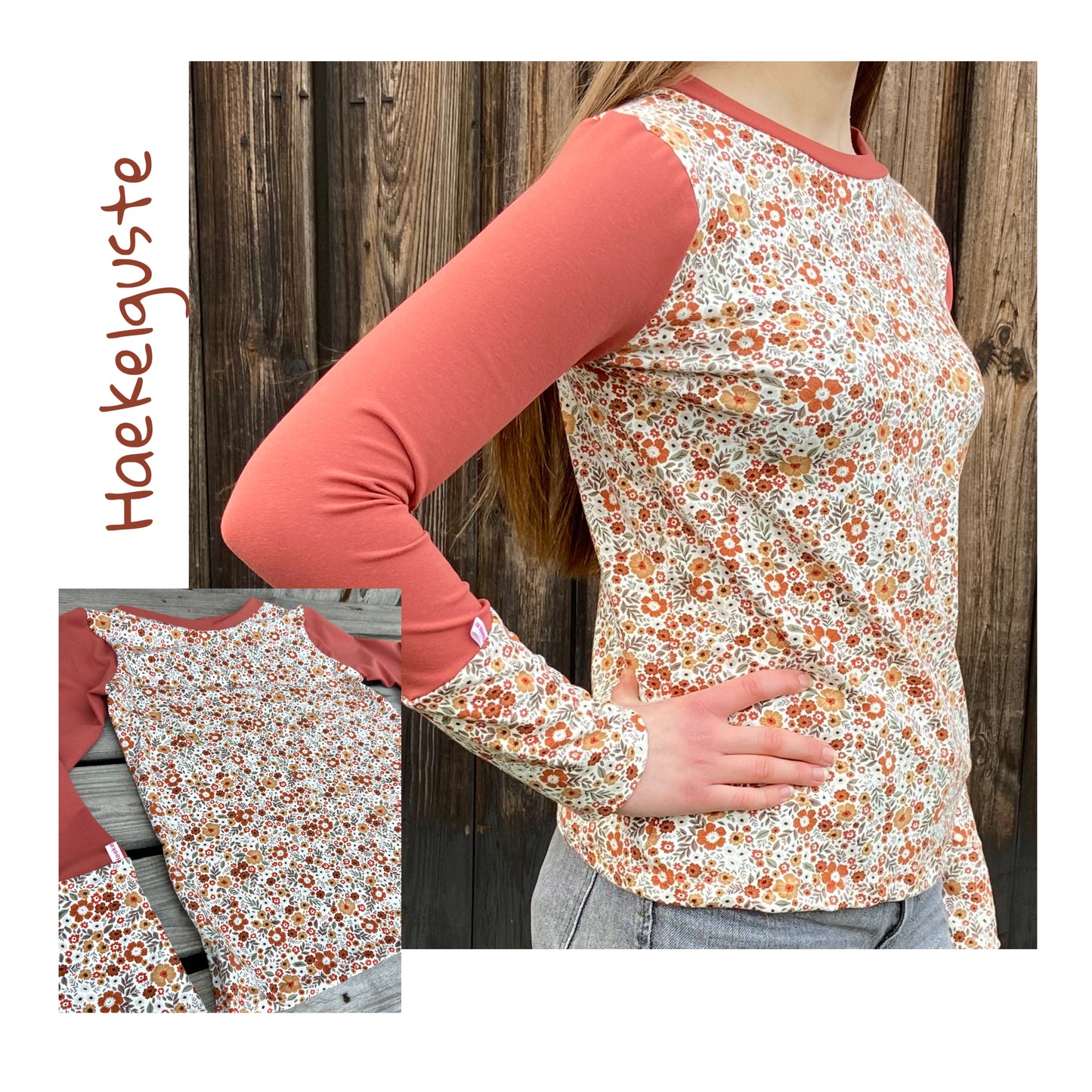 Langarmshirt Damen retro Blumen rost Miniblümchen rostrot rotbraun