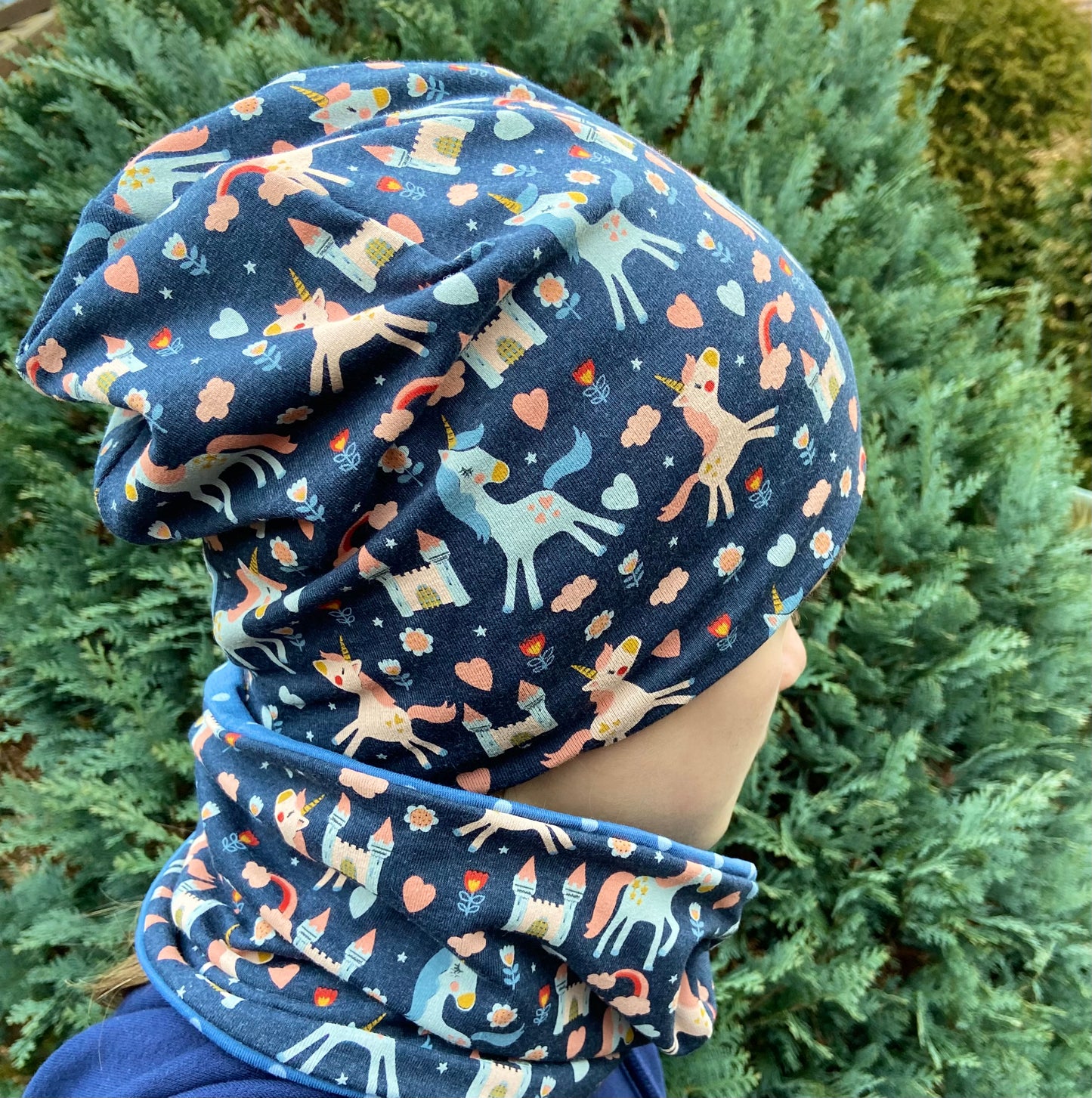 Einhorn Beanie+ Loop Set Pferd Mädchen Mütze Übergang gefüttert Stirnband Knoten