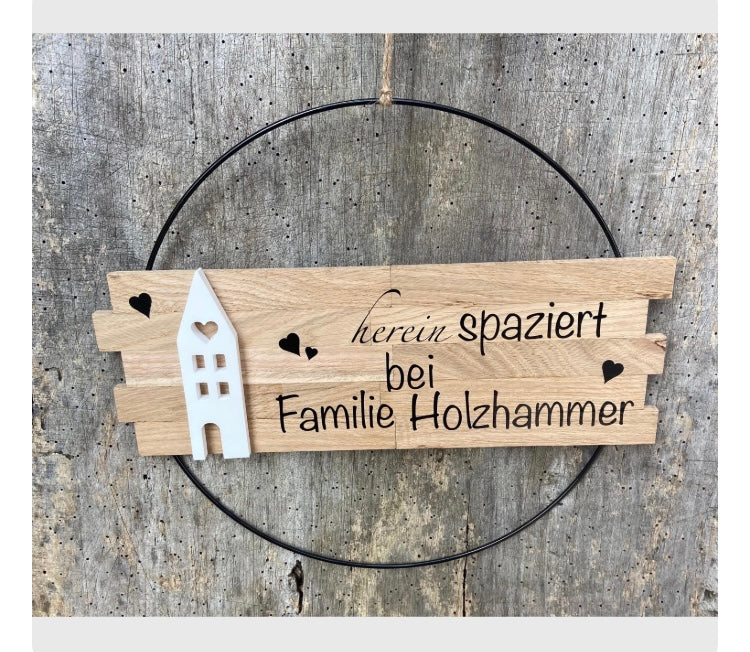 Personalisiert 30 cm großer Türkranz herein Spaziert Haus Metallring Geschenk Hauseinweihung Türschild Holzschild Eingang neues Heim Zuhause