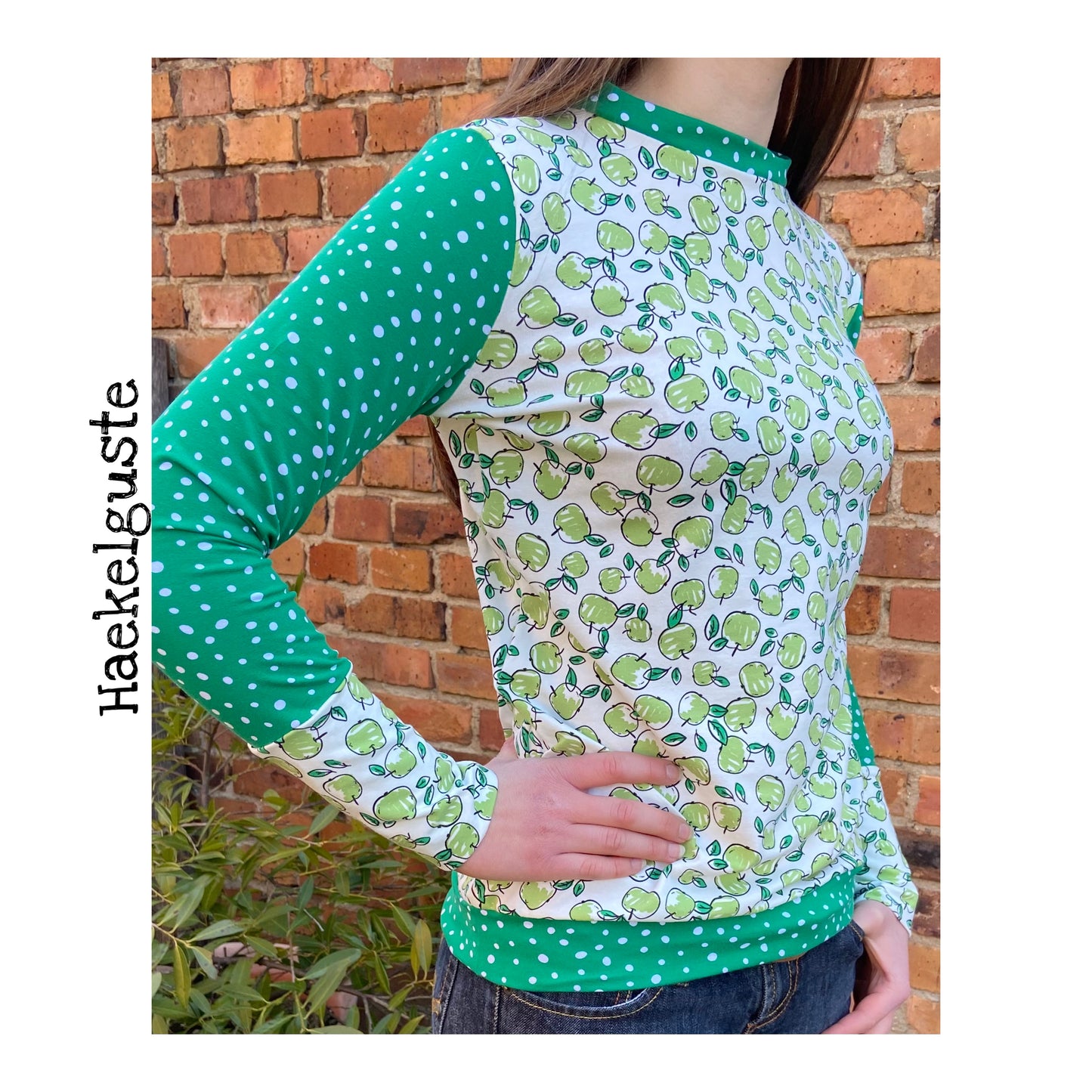Langarmshirt Damen, Shirt Apfel , Longsleeve , vintage , grün