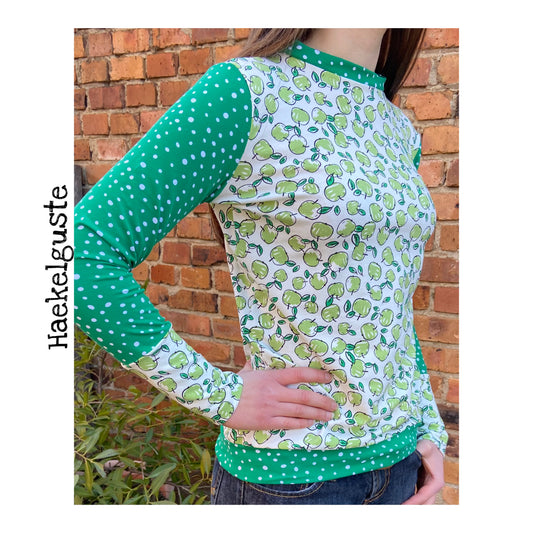 Langarmshirt Damen, Shirt Apfel , Longsleeve , vintage , grün