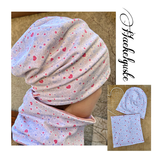 Beanie " Herzl " Loop Set Mütze Mädchen Übergang Herz Wendemütze Girl Weiß blau rosa gefüttert
