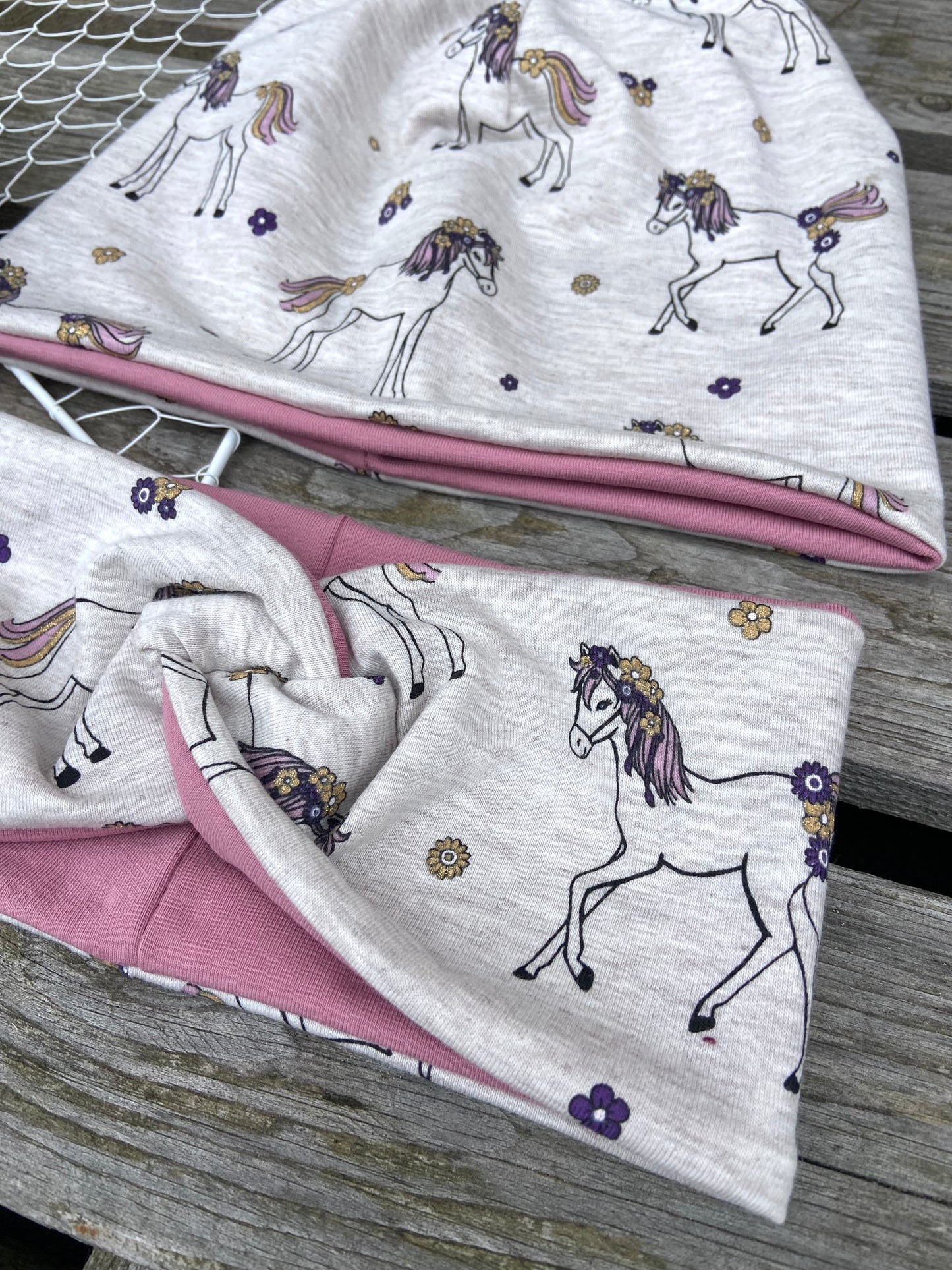 Pferd Beanie + Loop , Stirnband, Mädchen Mütze, Übergang gefüttert Knotenstirnband , Glitzer