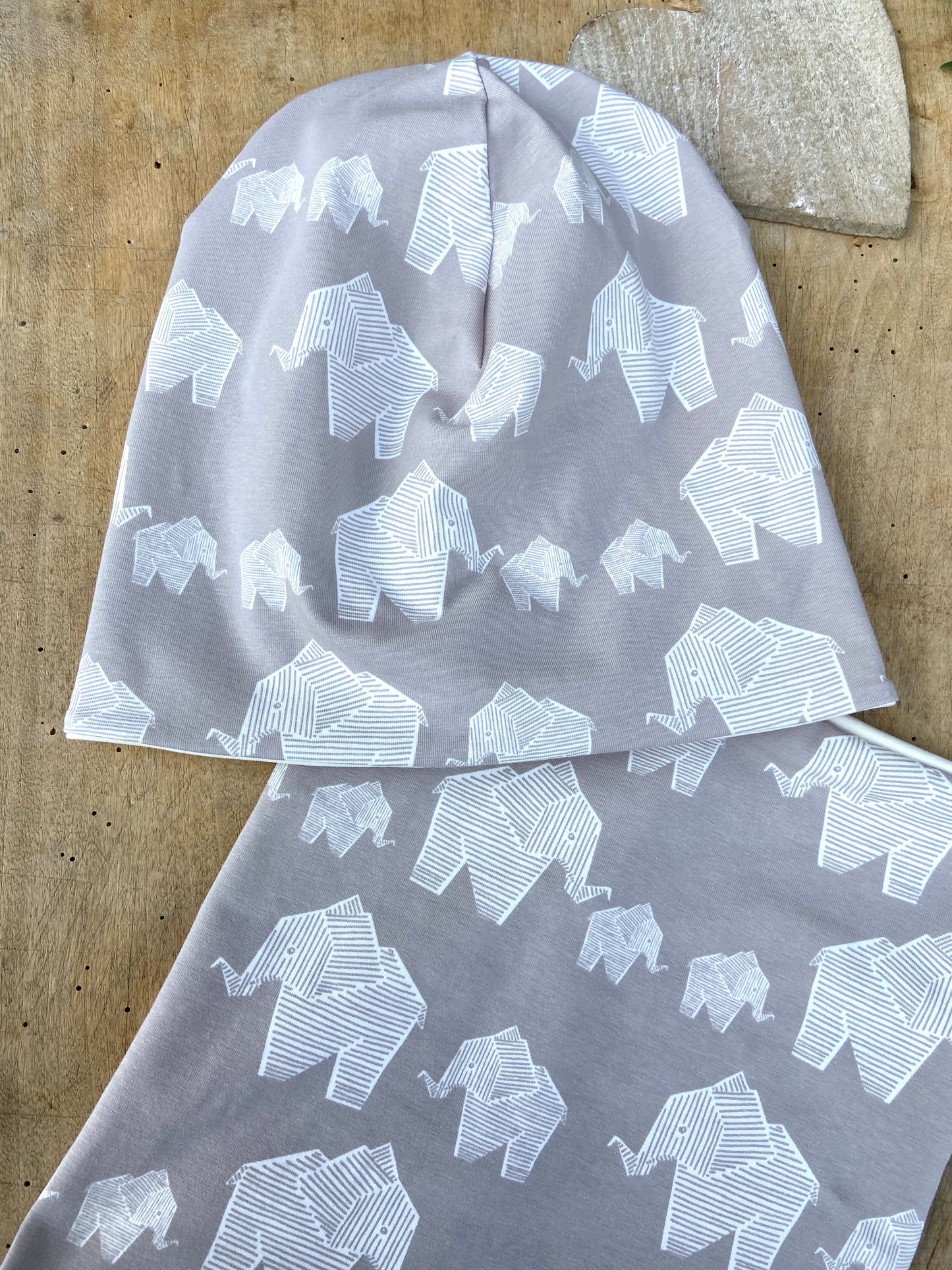 Bio Beanie + Loop Elefant creme beige unisex Übergang Set doppellagig