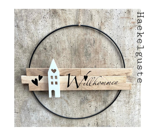 30 cm großer Türkranz Willkommen Haus Metallring Geschenk Hauseinweihung Freundin Türschild Holzschild Eingang  neues Heim Zuhause Hochzeit
