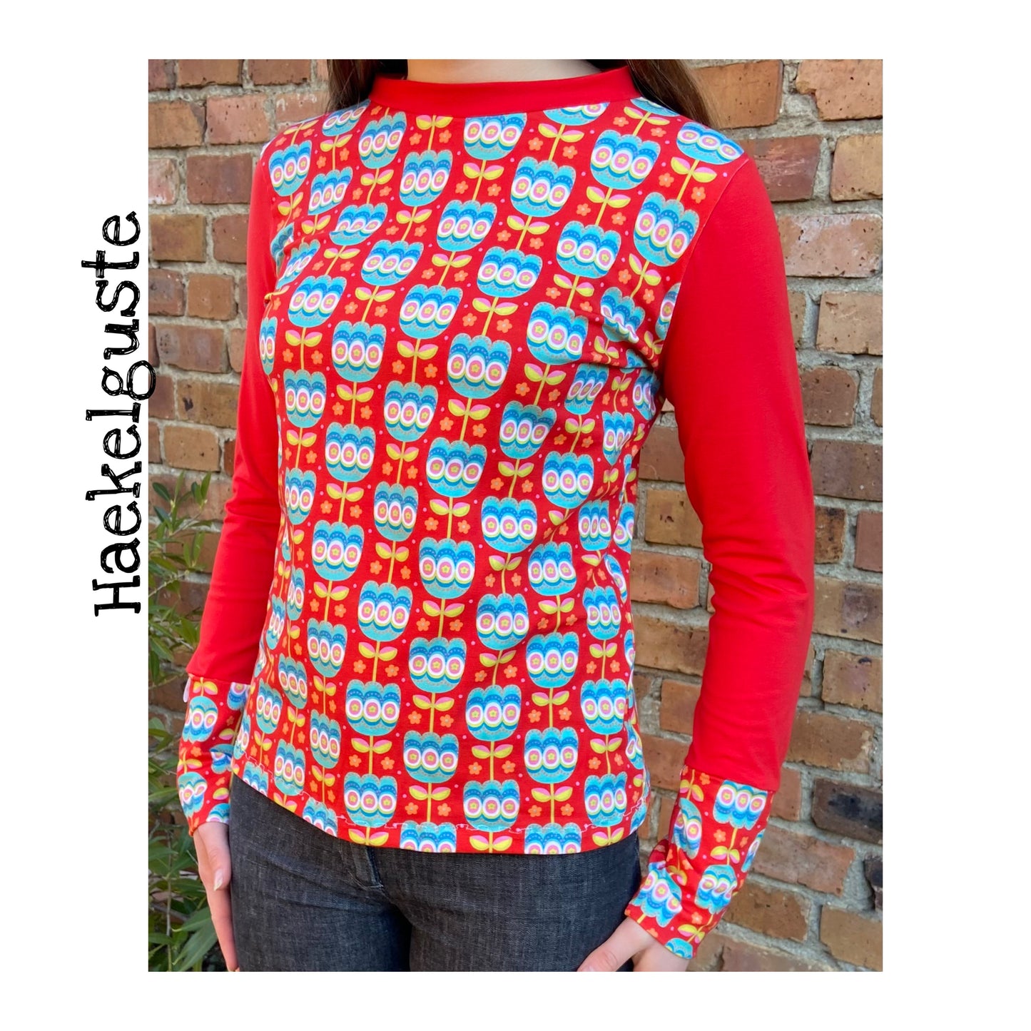 Langarmshirt Damen, Shirt retro Blumen rot , Longsleeve , vintage