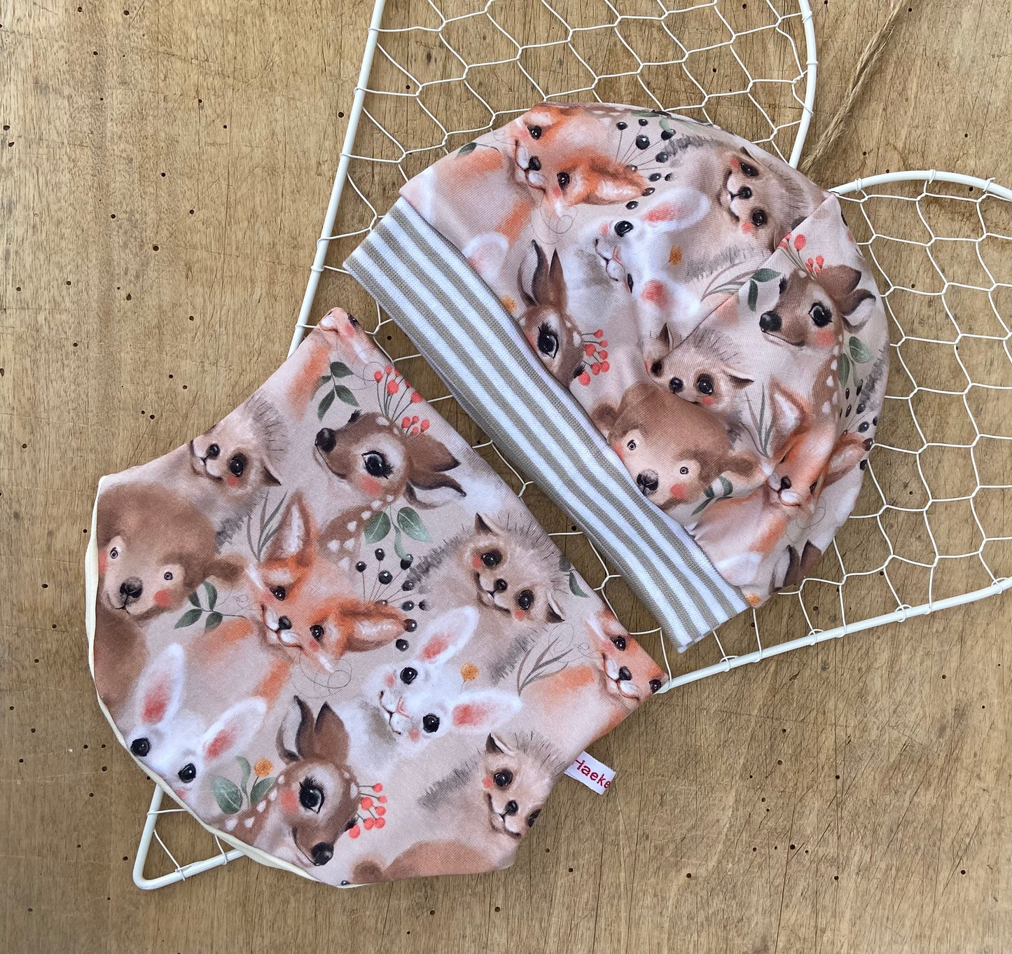 Mütze" Tiergesichter " Halssocke Kinder Beanie mit Bündchen Waldtiere Fuchs Reh beige Jersey Mädchen