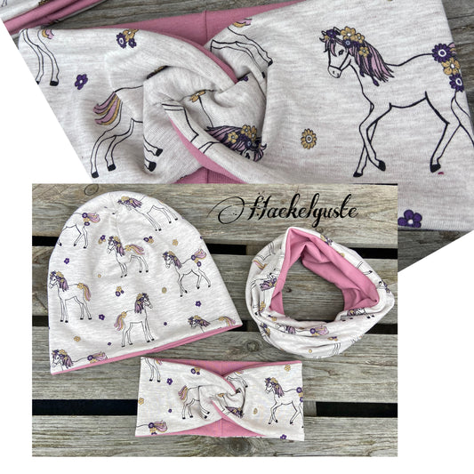 Pferd Beanie + Loop , Stirnband, Mädchen Mütze, Übergang gefüttert Knotenstirnband , Glitzer