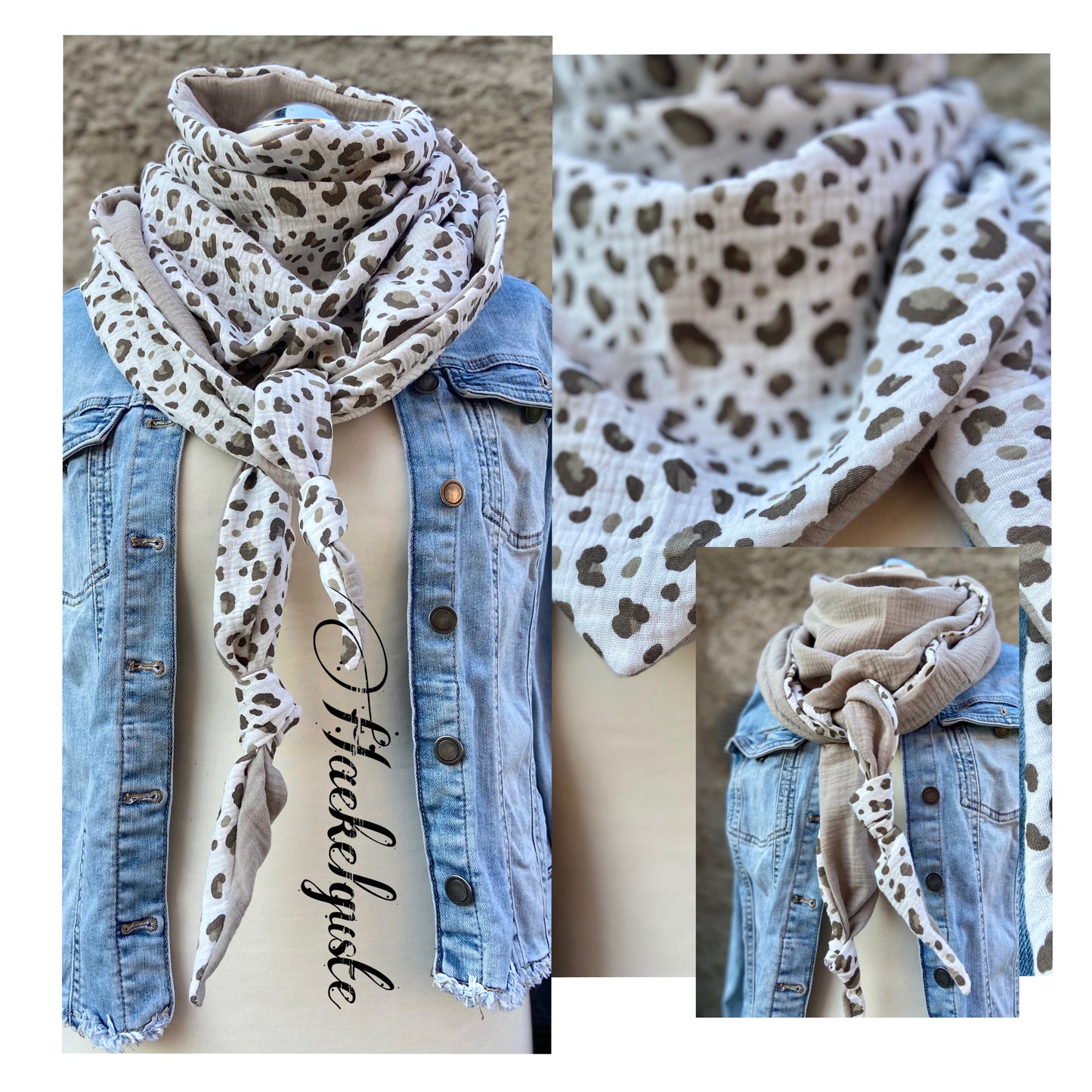XXL Musselin Wende - Dreieckstuch Musselin leopardenprint großes Tuch Damen Musselintuch Geschenk Geburtstag Mama