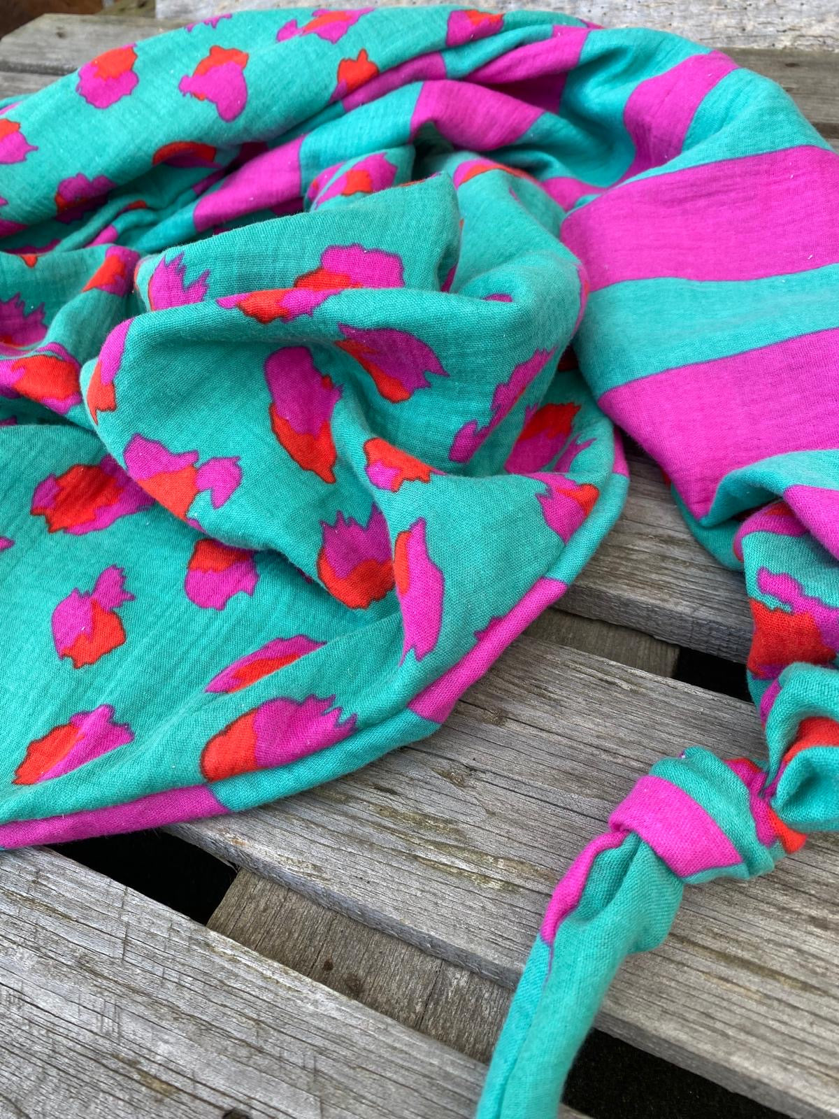 XXL Musselin Wende - Dreieckstuch pink grün großes Tuch Damen Blockstreifen Geschenk Geburtstag Mama