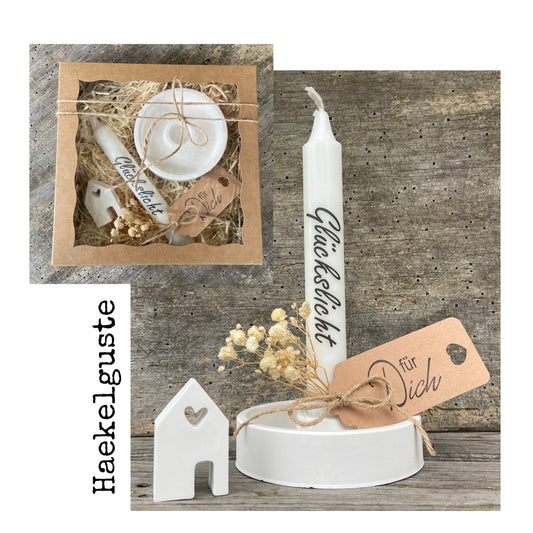 Geschenkset Glückslicht Lieblingsmensch Kerze + Kerzenhalter Kerzenständer Geschenk Stabkerze Muttertag Valentinstag